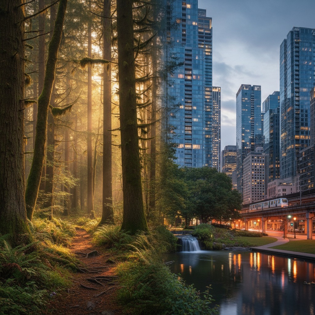 Un'immagine composta mostra una foresta soleggiata sulla sinistra che sfuma digitalmente in uno skyline urbano moderno con grattacieli e un fiume sulla destra.